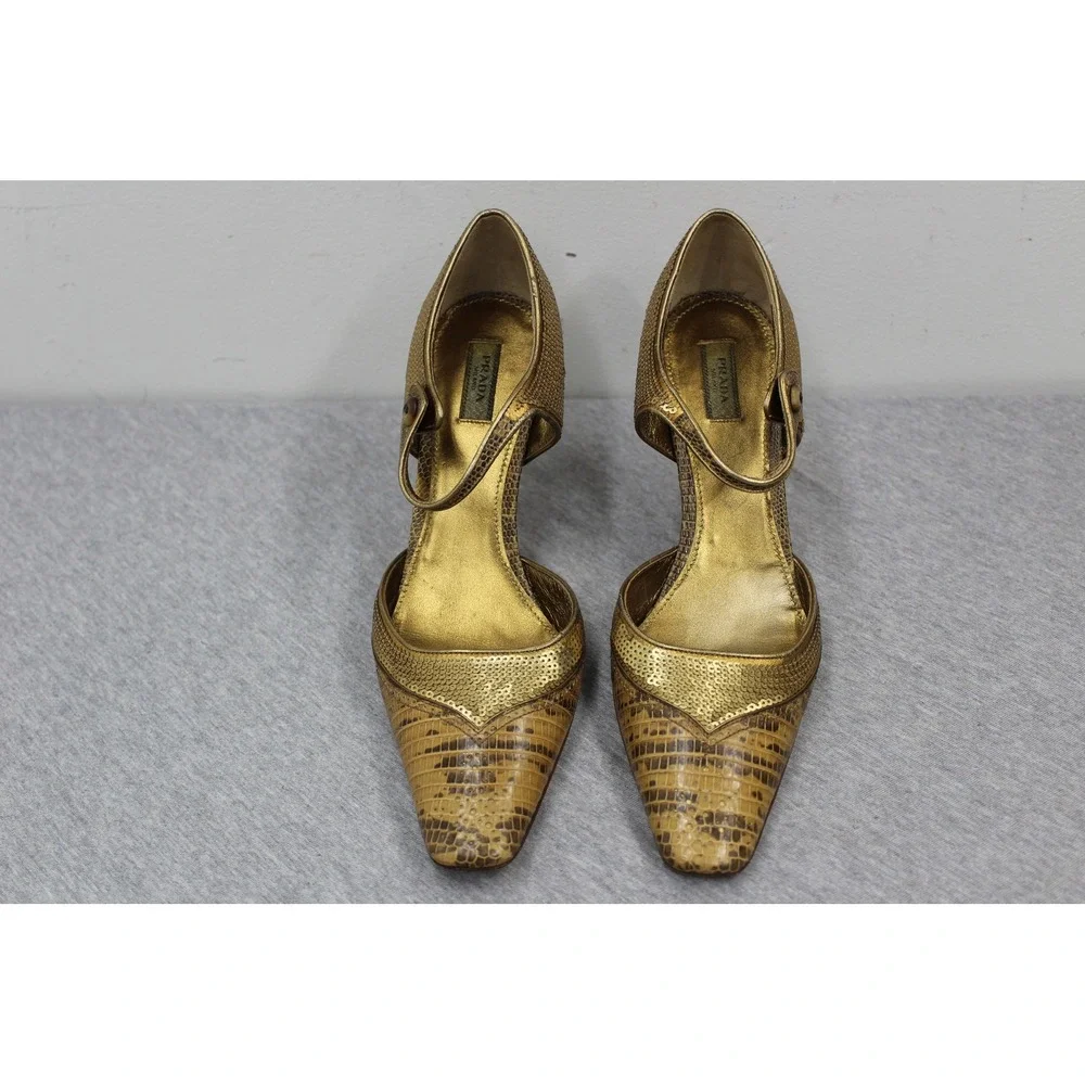 Prada Heels Womens 37 Gold Snakeskin Sequin Mary Jane Pointed Toe Pumps Vintage - Picture 2 of 9